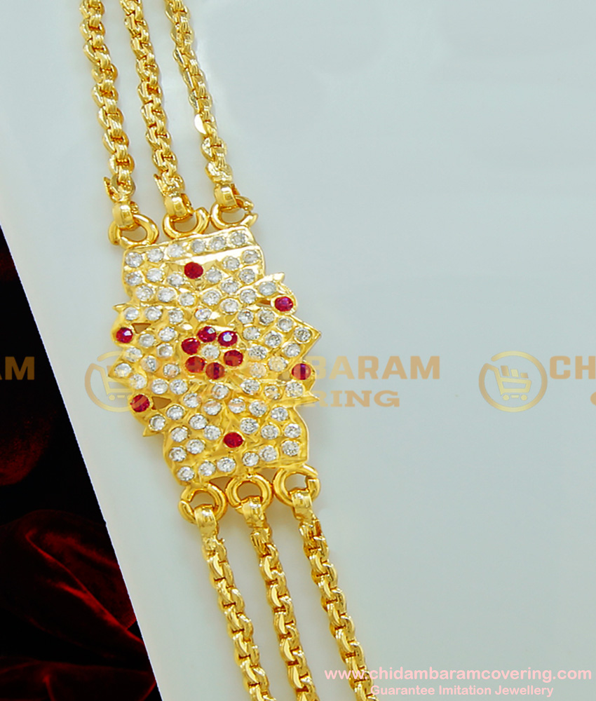 MCHN226 - Beautiful Flower Design Impon Ruby Stone Mugappu 3 Line Gold Plated Chain Buy Online