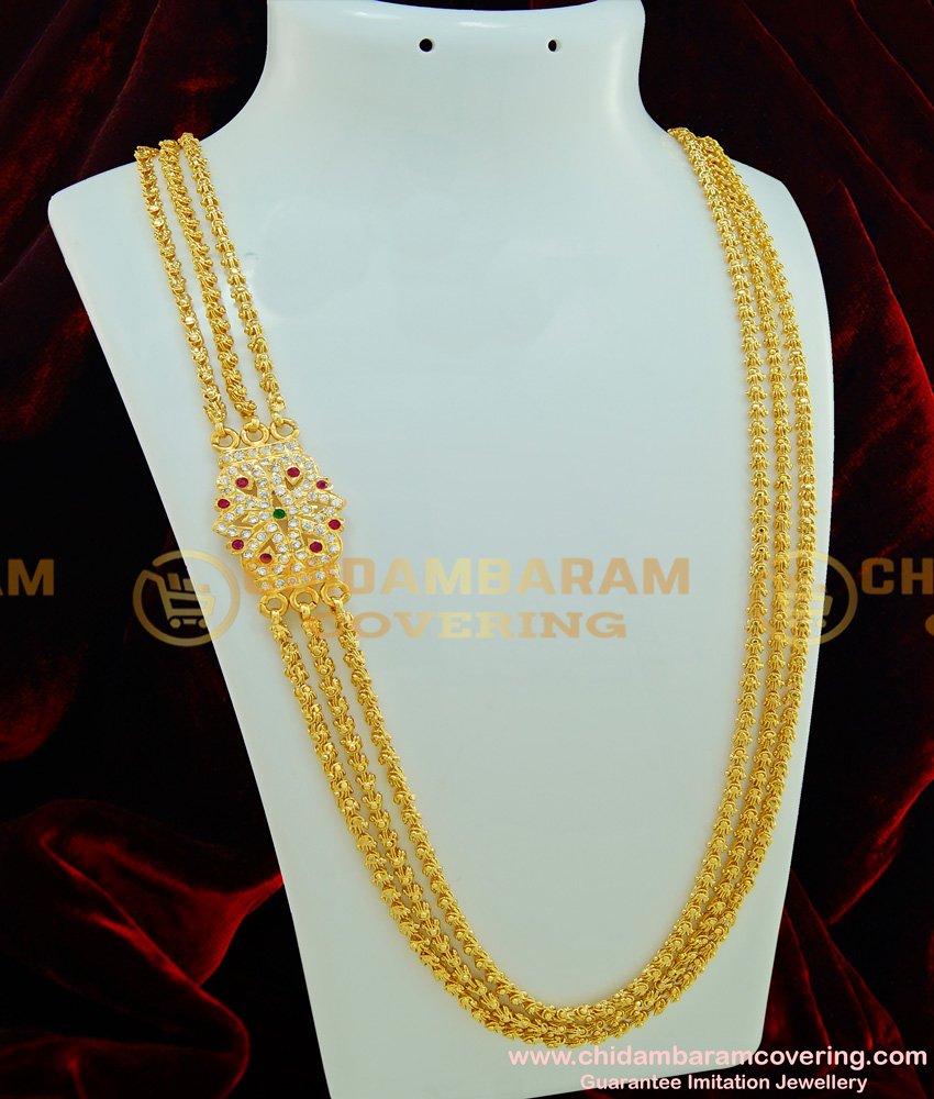 MCHN229 - 30 Inches Impon Ad Multi Stone Mugappu Three Line Dasavatharm Long Chain Design Online