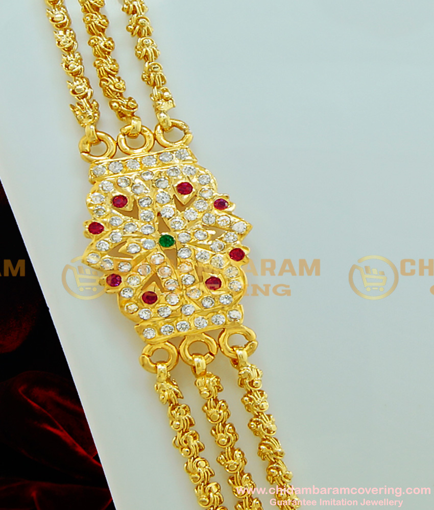 MCHN229 - 30 Inches Impon Ad Multi Stone Mugappu Three Line Dasavatharm Long Chain Design Online