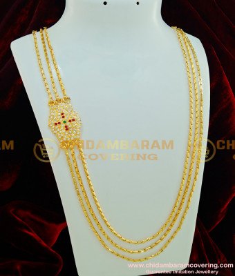 MCHN230 - 30 Inches Gold Plated Impon Ad Multi Stone Mugappu 3 Layer Gold Chain Designs Online