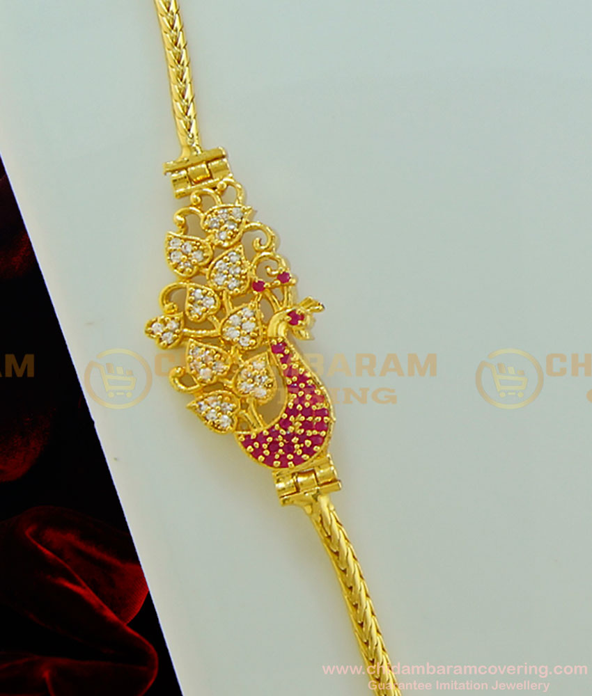 MCHN231 - Latest Daily Wear White and Ruby Peacock Design Side Mugappu Chain for Women