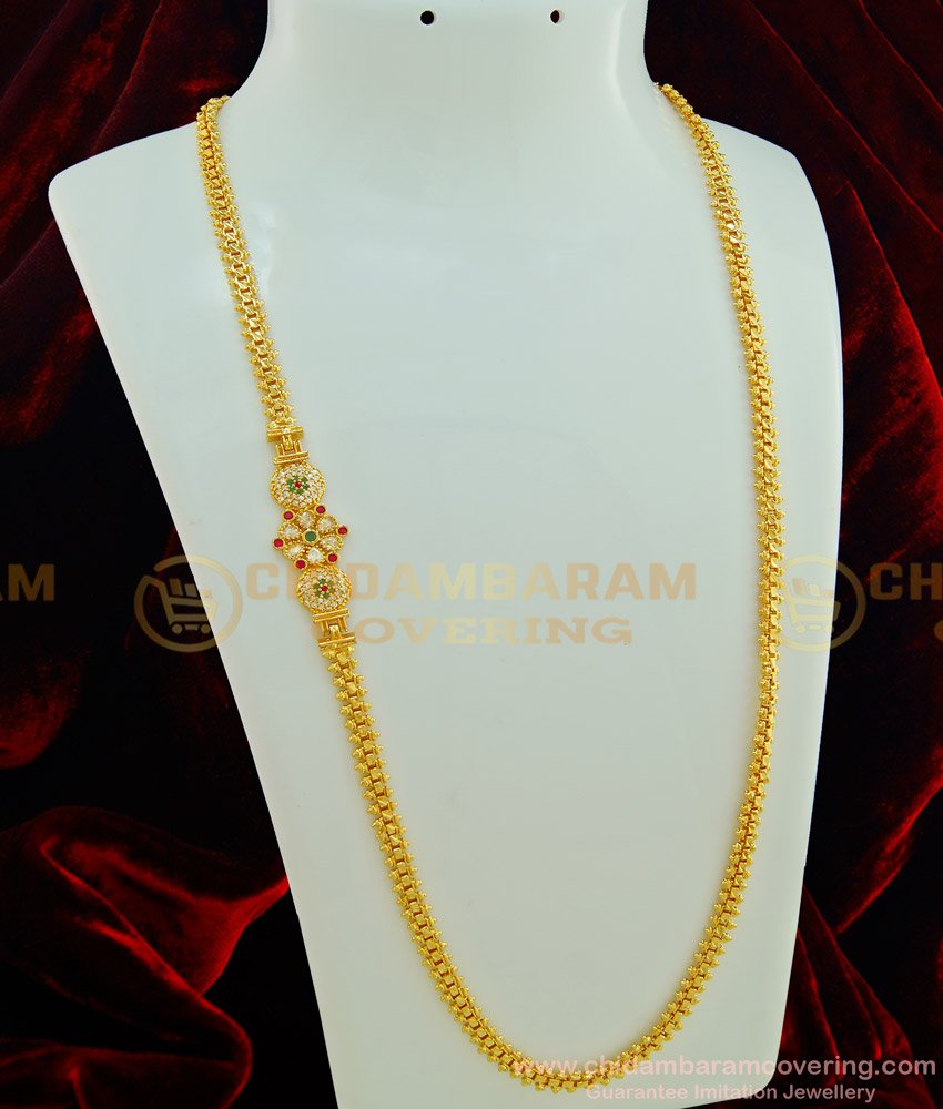 MCHN233 - One Gram Gold Plated Multi Stone Stone Side Pendant Mugappu Chain for Women