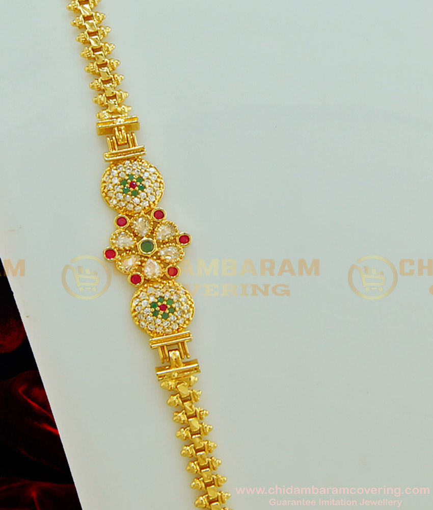 MCHN233 - One Gram Gold Plated Multi Stone Stone Side Pendant Mugappu Chain for Women
