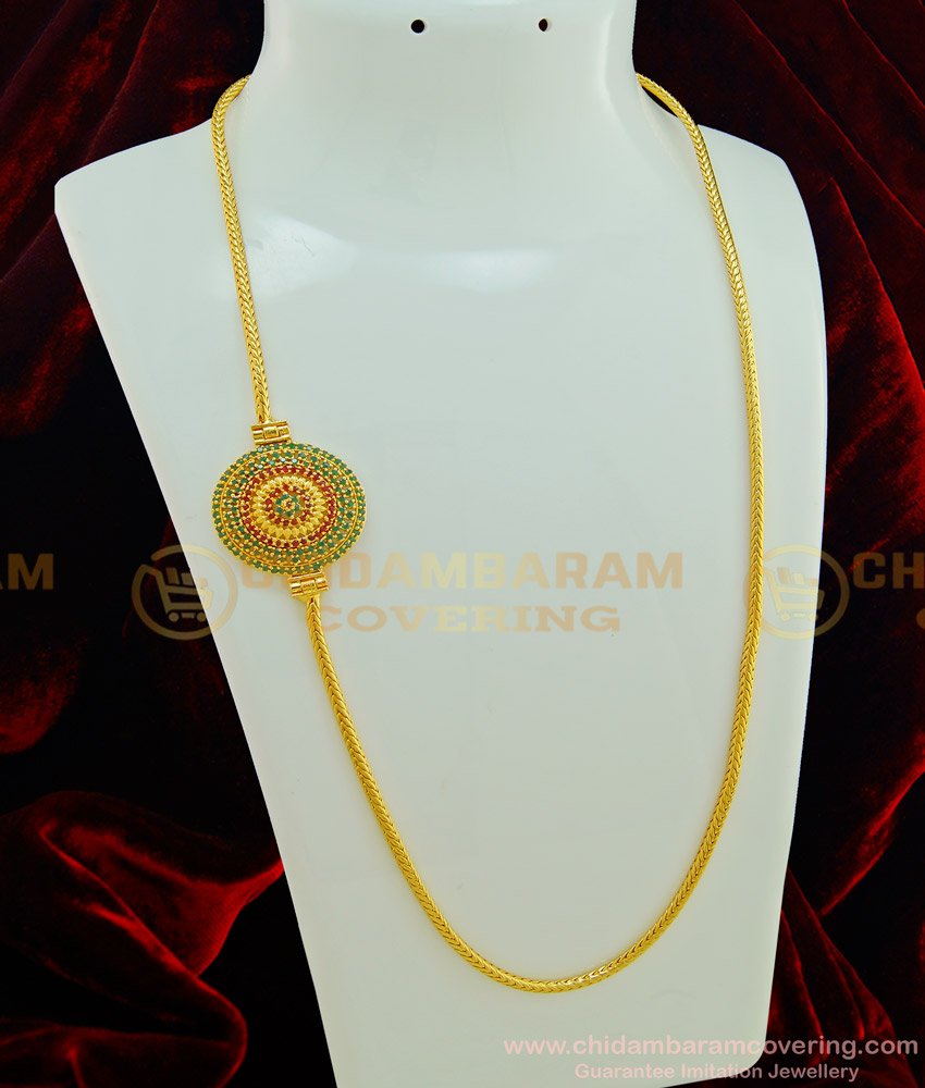 MCHN242 - Elegant Ruby Emerald Stone Round Mugappu Thali Chain Designs Gold Covering Mugappu for Women