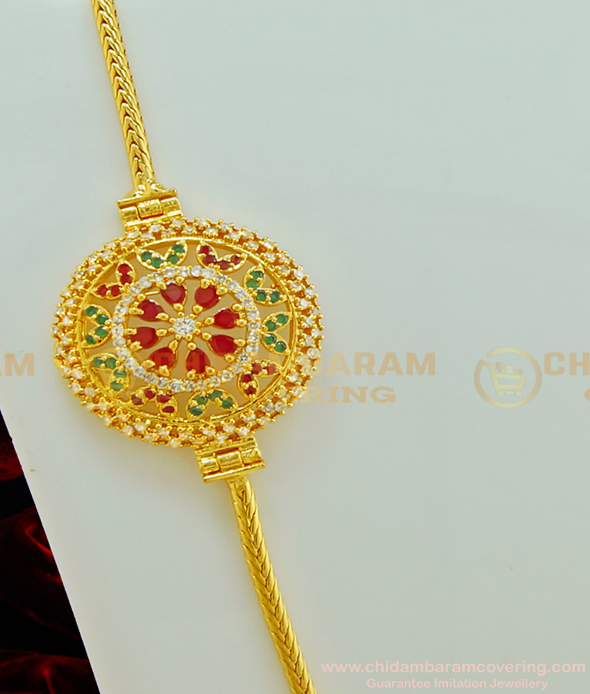 MCHN245 - New Arrival Round Multi Stone Side Pendant Attractive Designer Mugappu Chain for Women 
