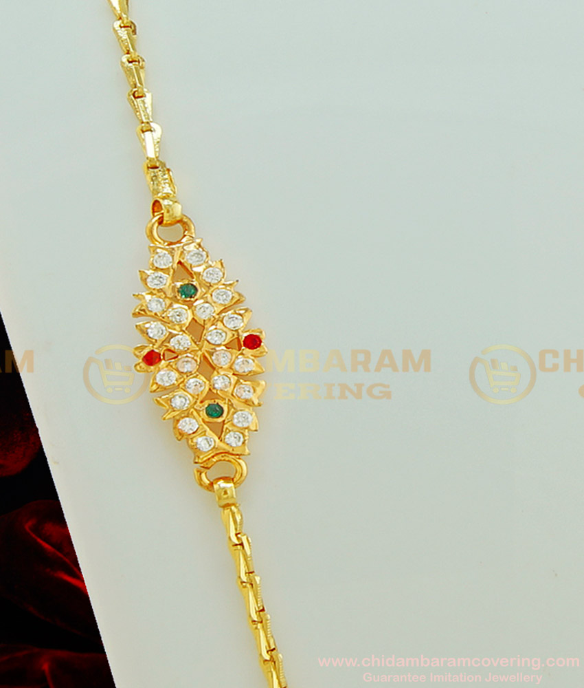 MCHN246 - 30 inches Five Metal Mugappu Chain Ruby Emerald Flower Design Side Locket with Chain Designs