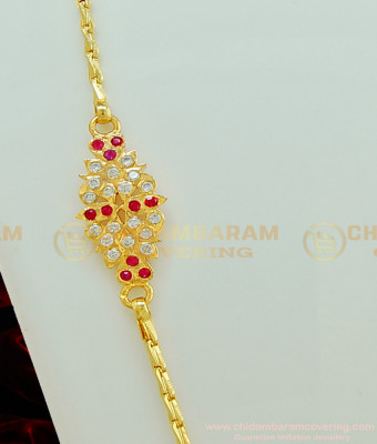MCHN248 - Five Metal 1 Gram Gold Mugappu Chain Designs White and Ruby Stone Side Locket With Chain 