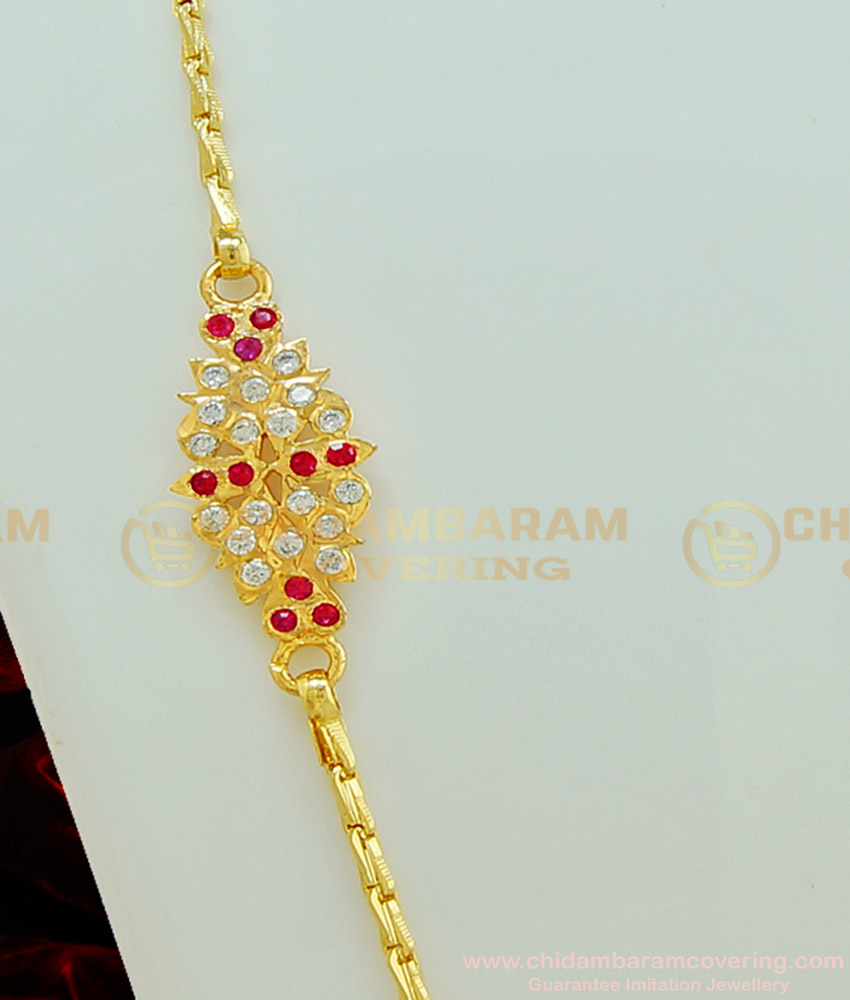MCHN248 - Five Metal 1 Gram Gold Mugappu Chain Designs White and Ruby Stone Side Locket With Chain 