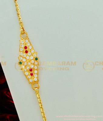 MCHN249 - 24 Inches Impon Mugappu Chain Designs One Gram Gold Plated Ad Stone Side Pendant