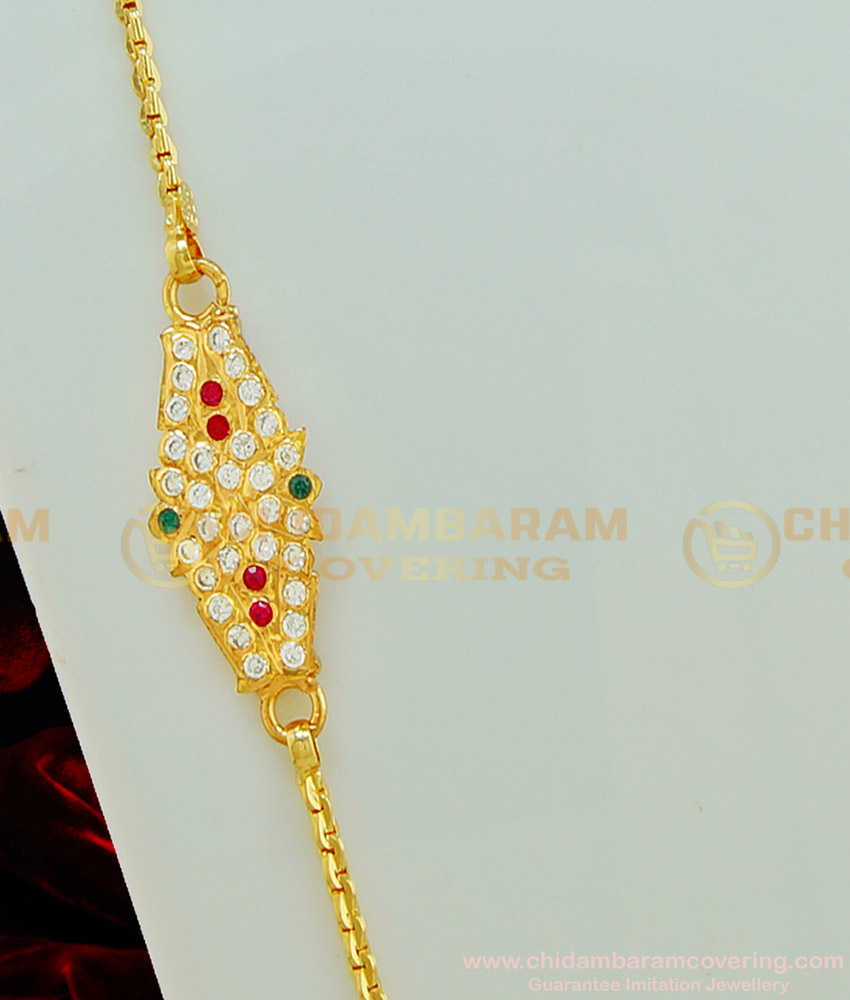 MCHN249 - 24 Inches Impon Mugappu Chain Designs One Gram Gold Plated Ad Stone Side Pendant