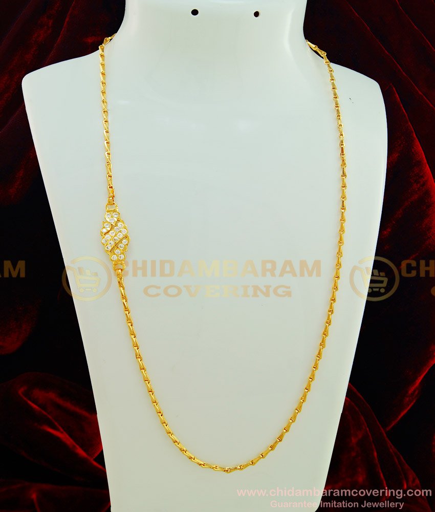 MCHN257 - Daily Wear Light Weight Simple Impon White Stone Mugappu Chain for Women