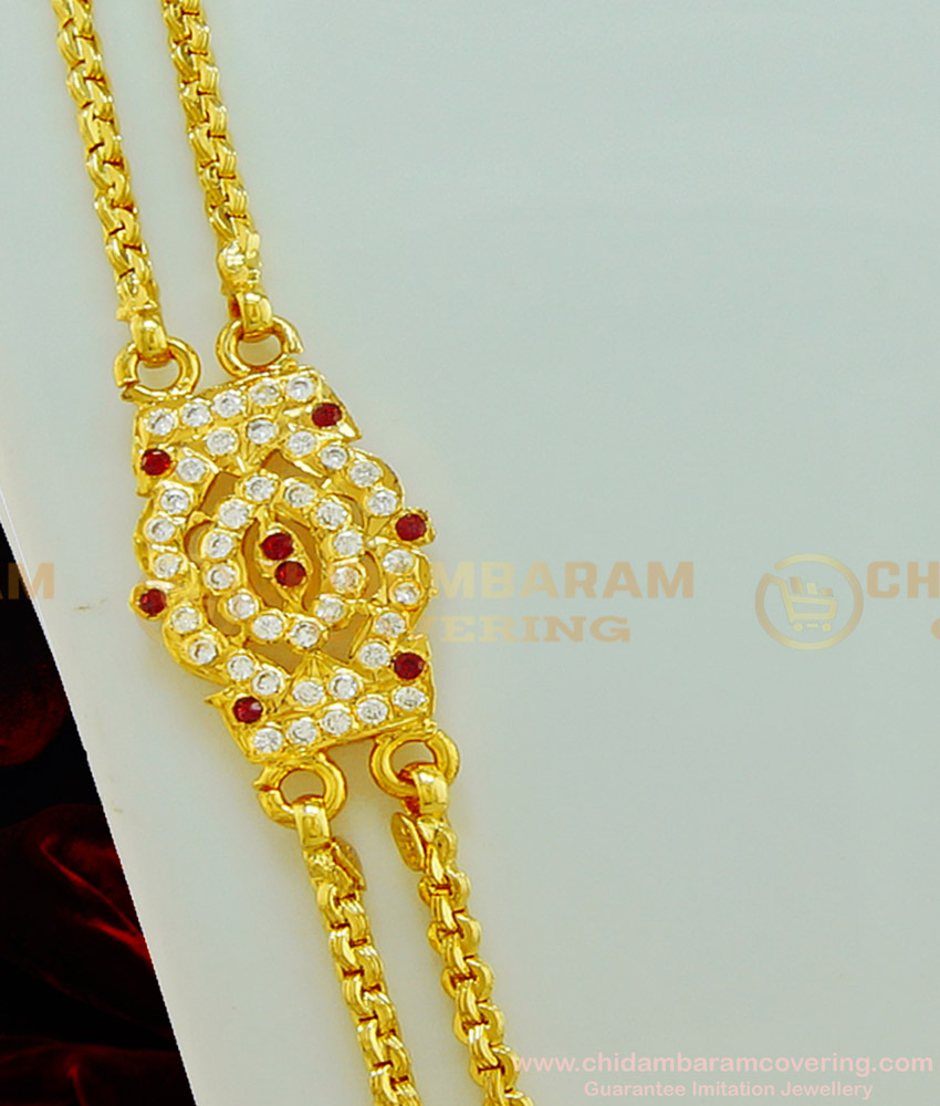 MCHN263 - 30 Inches Long New Model Impon Ad Stone Peacock Side Pendant with Double Chain Design Mugappu Online  