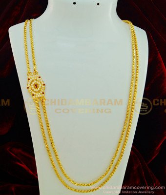 MCHN263 - 30 Inches Long New Model Impon Ad Stone Peacock Side Pendant with Double Chain Design Mugappu Online  