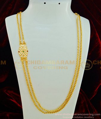 MCHN265 - 30 Inches One Gram Gold Plated Impon Multi Stone Mugappu Double Chain Design for Ladies