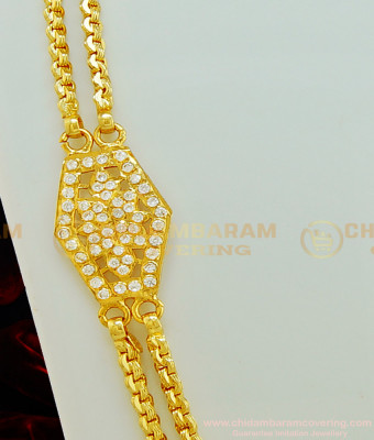 MCHN268 - Impon White Stone Flower Design Side Pendant Mugappu Chain Double Chain Design Guaranteed Jewellery