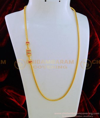 MCHN278 - 24 Inches Unique Collection Thali Chain Tri Colour Stone Mugappu One Gram Gold Mopu Chain Online