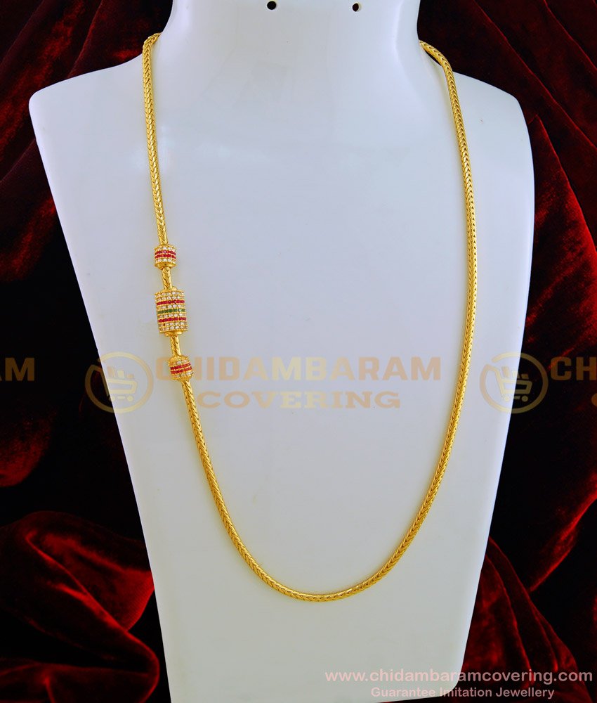 MCHN278-LG - 30 Inches Unique Collection Thali Chain Tri Colour Stone Mugappu One Gram Gold Mopu Chain Online