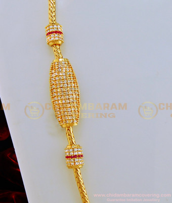 MCHN283 - Pure One Gram Gold Ad White Stone Guaranteed Mugappu Chain Designs Online