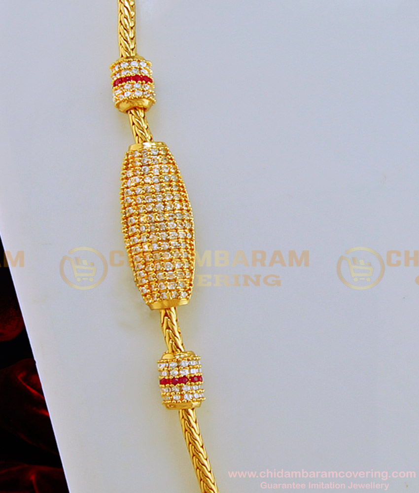 MCHN283 - Pure One Gram Gold Ad White Stone Guaranteed Mugappu Chain Designs Online
