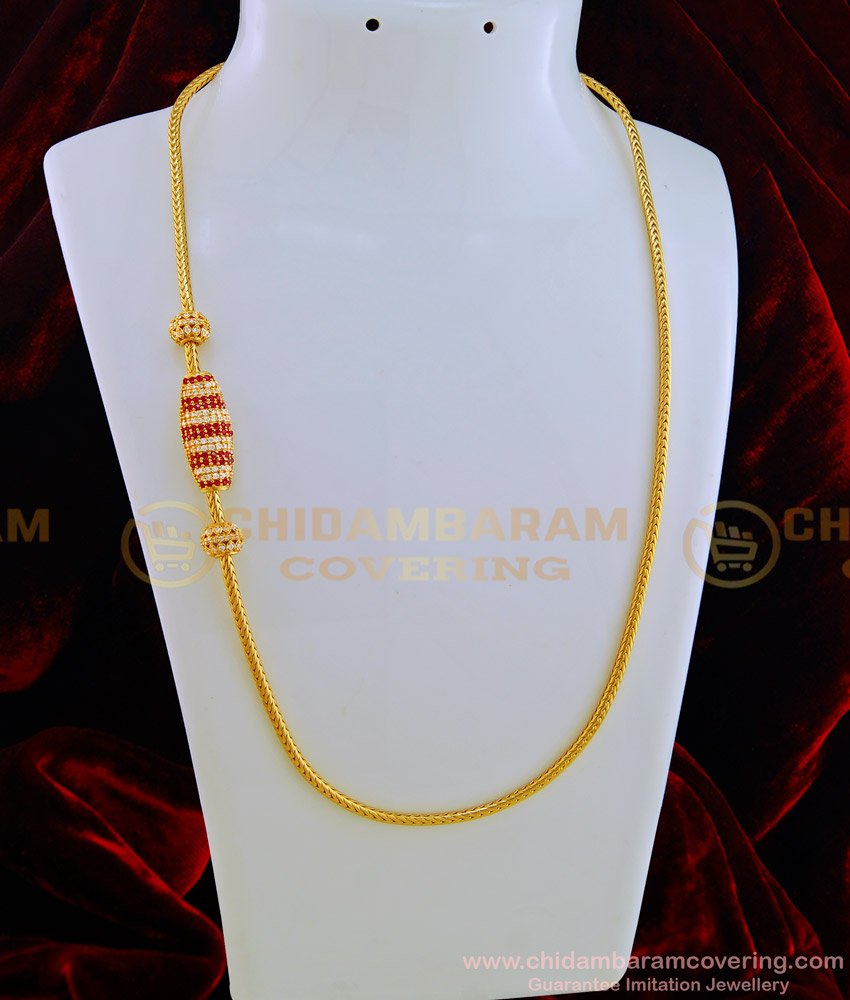 MCHN284 - New Model White and Ruby Stone High Quality Side Pendant Thali Chain with Mugappu Designs Online