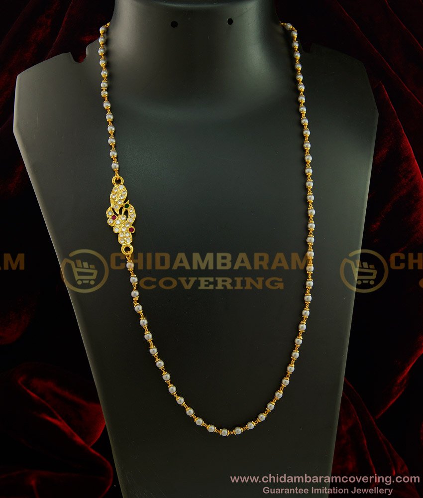 MCHN290 - Impon Peacock Multi Stone Mugappu with White Peal Chain Mugappu Chain For Daily Use