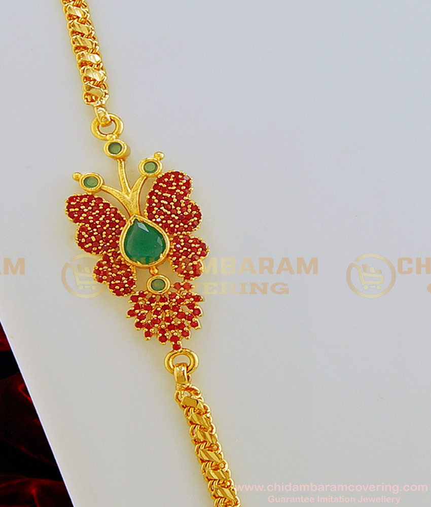 MCHN301 - Beautiful Butterfly Design Ruby Stone Mugappu with Chain Gold Plated Mugappu Chain  