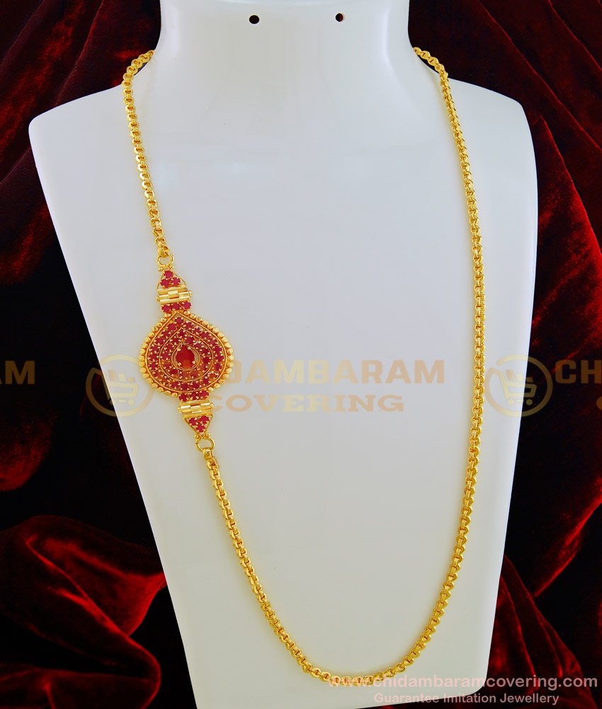 MCHN303 - South Indian Fashion Jewelry Gold Plated Ruby Stone Big Mugappu Chain for Ladies