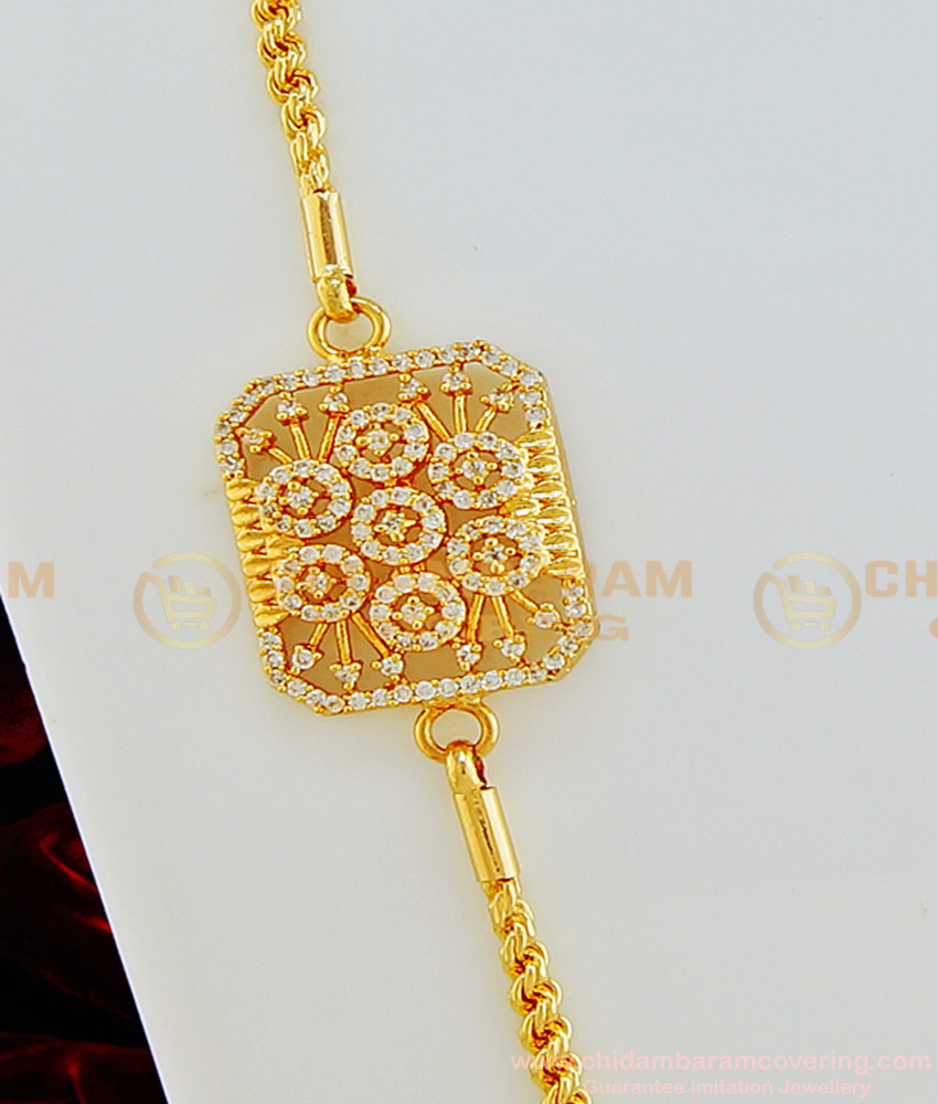 MCHN304 - Latest American Diamond Gold Design Square Mugappu with Thali Saradu Chain Online