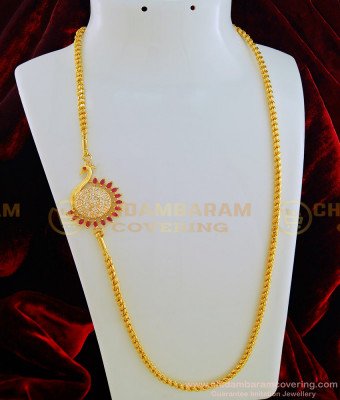 MCHN305 - Trendy Gold Plated Thali Chain Peacock AD Stone Mugappu Chain Indian Imitation Jewellery