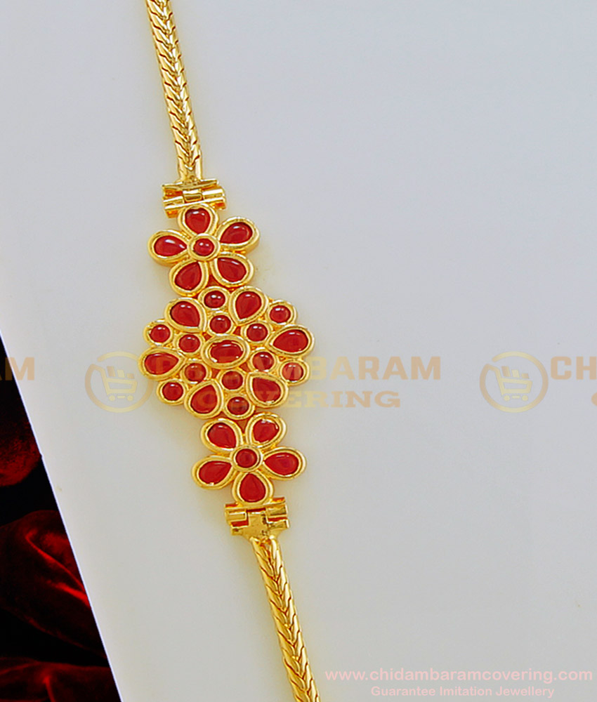 MCHN306 - 1 Gram Gold Plated Ruby Stone Side Pendant with Thali Kodi Mugappu Chain 