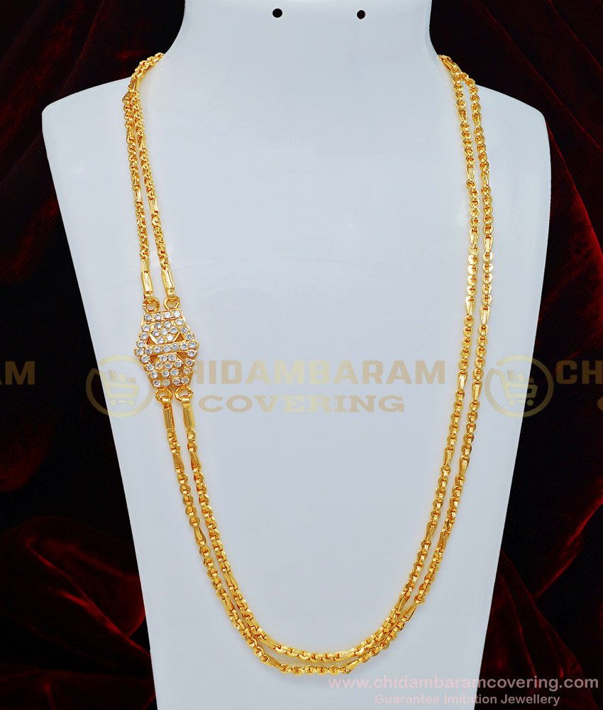 MCHN318 - Five Metal Impon White Stone Side Pendant Mugappu with Double Chain Guaranteed Jewellery