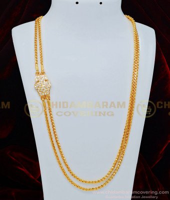MCHN319 - Impon Full White Stone Peacock Design Getti Metal Mugappu Chain With 2 Line Chain for Women