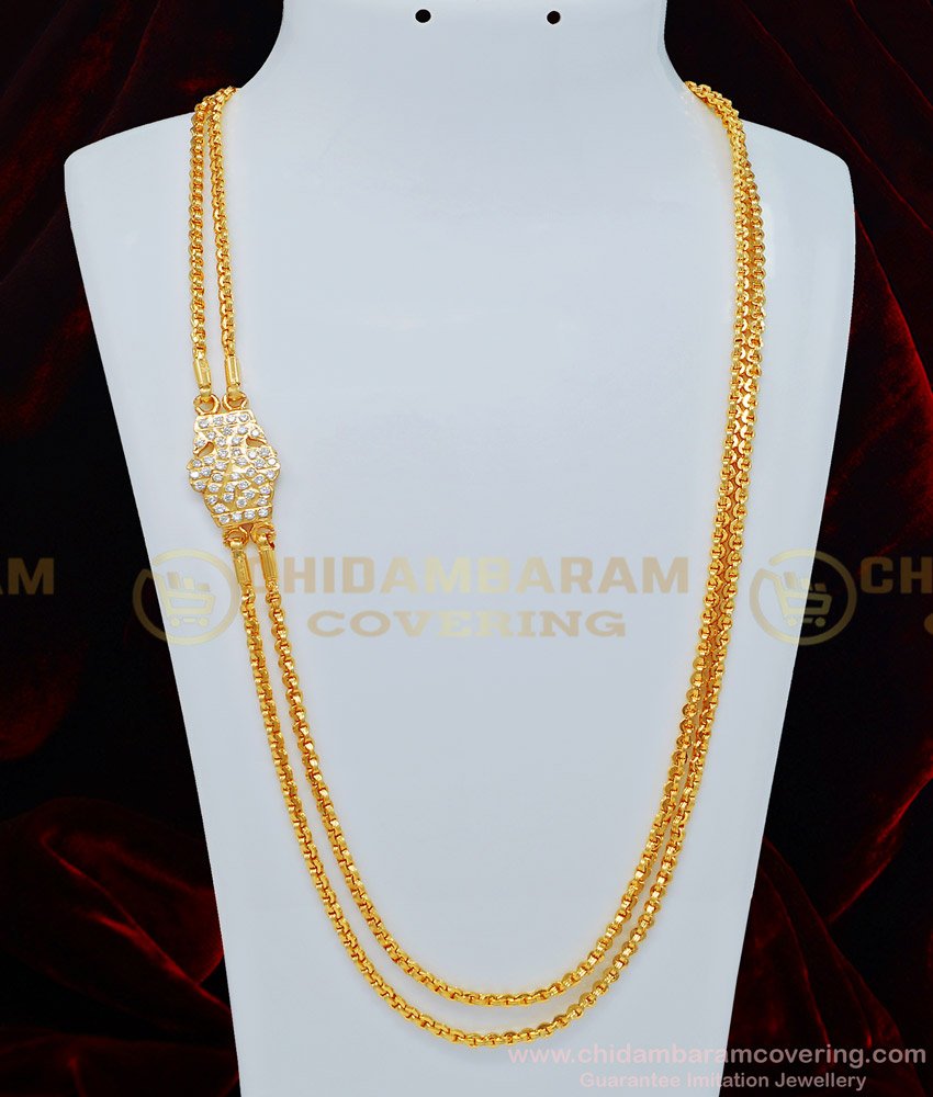 MCHN319 - Impon Full White Stone Peacock Design Getti Metal Mugappu Chain With 2 Line Chain for Women