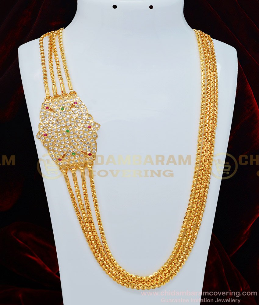 MCHN322 - Impon Mugappu Design Ad Multi Stone Big Side Pendant 4 Line Mugappu Chain Design Online