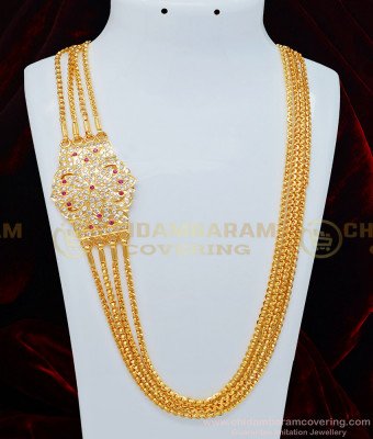 MCHN323 - Impon Real Gold Design Very Big 4 Line Flower Design Stone Mugappu Chains for Women 