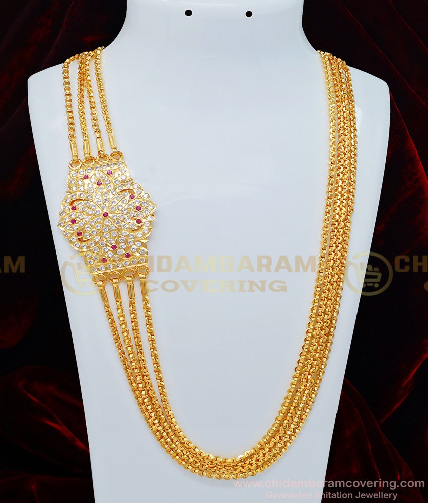 MCHN323 - Impon Real Gold Design Very Big 4 Line Flower Design Stone Mugappu Chains for Women 