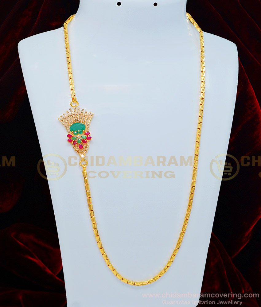 MCHN326 - Trendy American Diamond Designer Mugappu with Gold Plated Kushi Chain Indian Imitation Jewellery