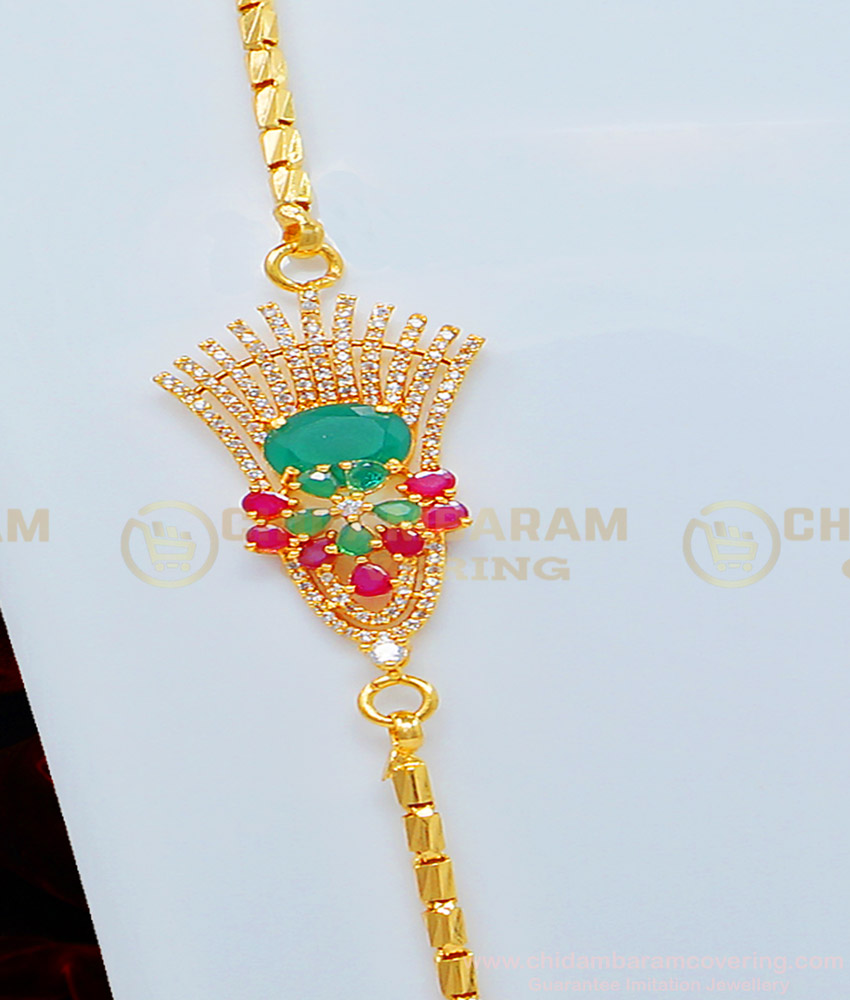 MCHN326 - Trendy American Diamond Designer Mugappu with Gold Plated Kushi Chain Indian Imitation Jewellery
