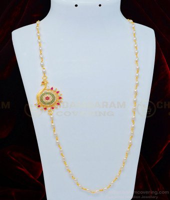 MCHN329 - South Indian Fashion Jewelry Gold Plated Stone Peacock Design Pearl Mugappu Chain Buy Online 