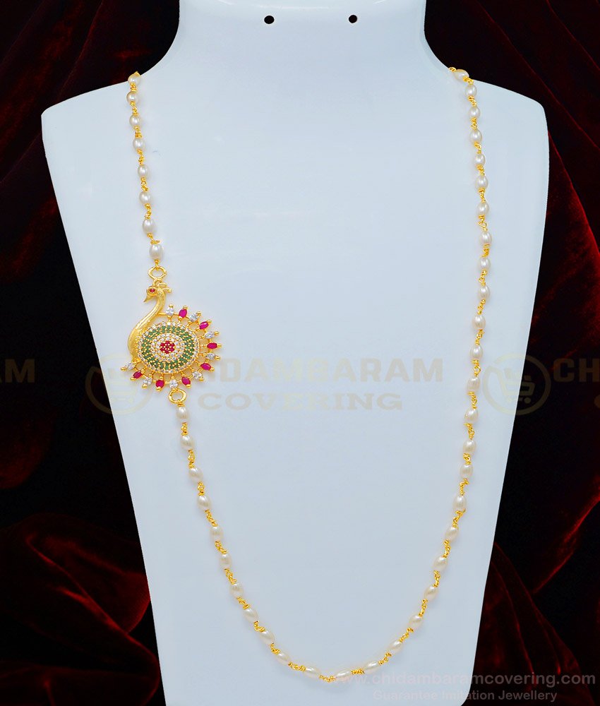 MCHN329 - South Indian Fashion Jewelry Gold Plated Stone Peacock Design Pearl Mugappu Chain Buy Online 
