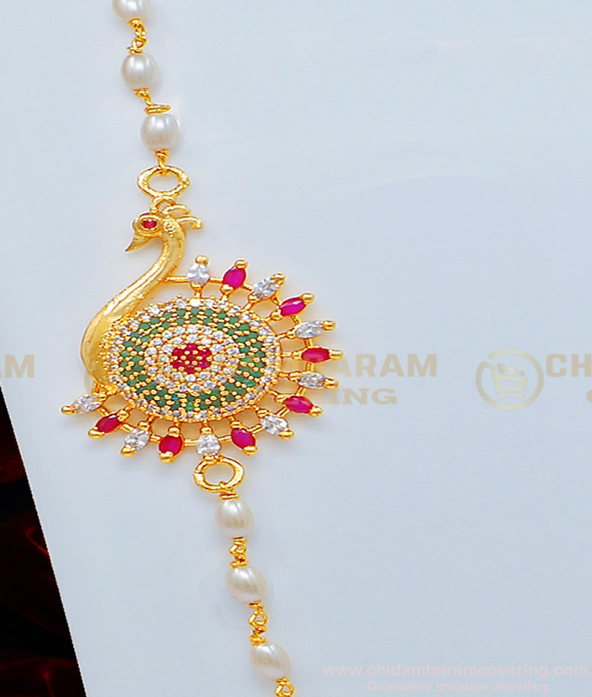 MCHN329 - South Indian Fashion Jewelry Gold Plated Stone Peacock Design Pearl Mugappu Chain Buy Online 