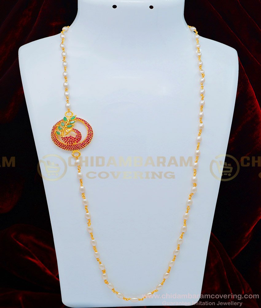 MCHN330 - Latest Pearl Mugappu Chain Peacock Design Stone Muthu Mala Mugappu Chain for Women 