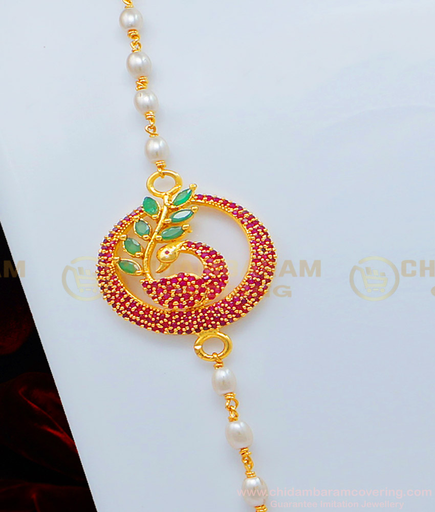 MCHN330 - Latest Pearl Mugappu Chain Peacock Design Stone Muthu Mala Mugappu Chain for Women 
