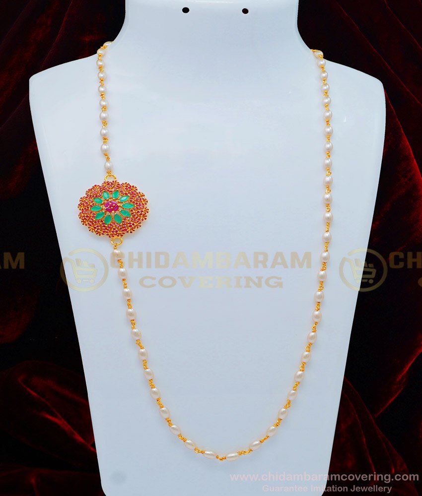 MCHN331 - New Fashion Pearl Mugappu Chain Flower Design Stone Side Pendant Mugappu Chain for Ladies 