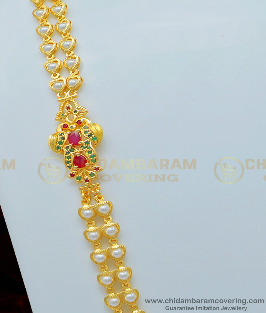 MCHN336 - South Indian Ruby Emerald Peacock Design 2 Line Beads Mugappu Chain for Women