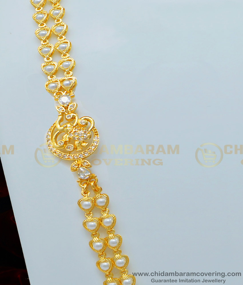 MCHN337 - Latest White Stone Elephant Design White Beads Mugappu Chain Collections Online