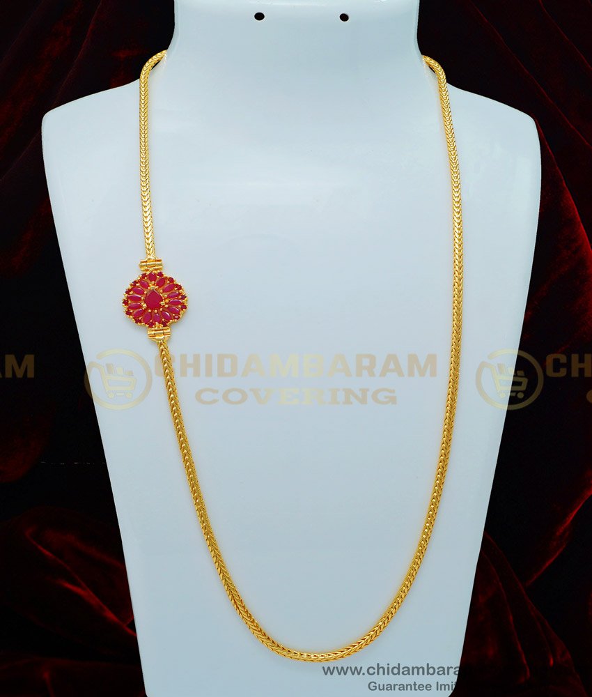 MCHN341 - Elegant Ruby Stone Flower Design Mugappu with Thali Kodi Chain Gold Plated Jewellery 