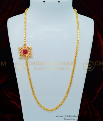 MCHN342 - 1 Gram Gold White and Ruby Stone Square Shape Mugappu with Box Chain Indian Jewelry Online   