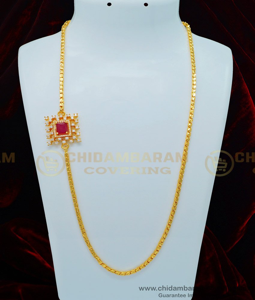 MCHN342 - 1 Gram Gold White and Ruby Stone Square Shape Mugappu with Box Chain Indian Jewelry Online   