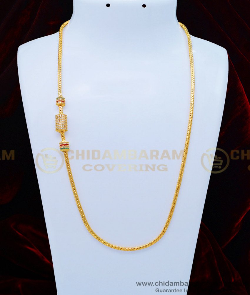 MCHN345 - 24 Inches Latest Thali Chain Tri Colour Stone Mugappu One Gram Gold Mopu Chain Online